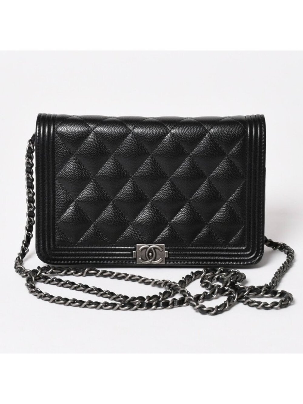 Chanel Boy Chain Shoulder Bag Caviar Leather CC Logo Black Silver